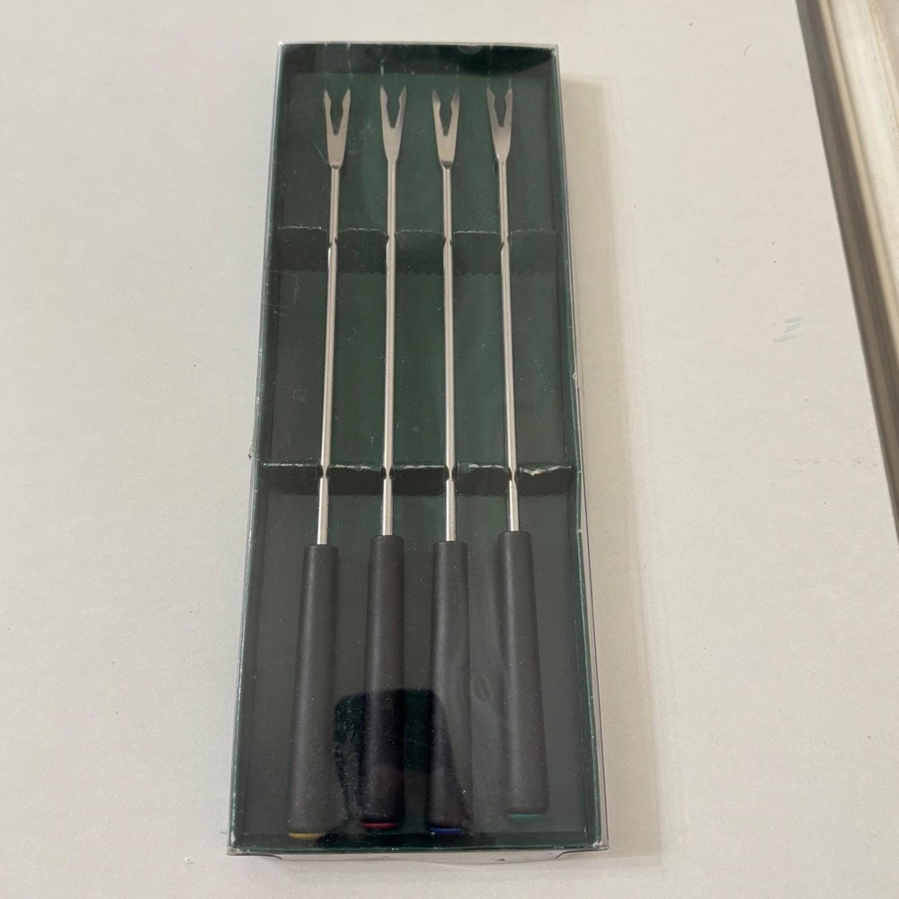 VTG 60s Harry and David Cheese Fondue Forks‎ Set 4 Stainless Steel Black Handle